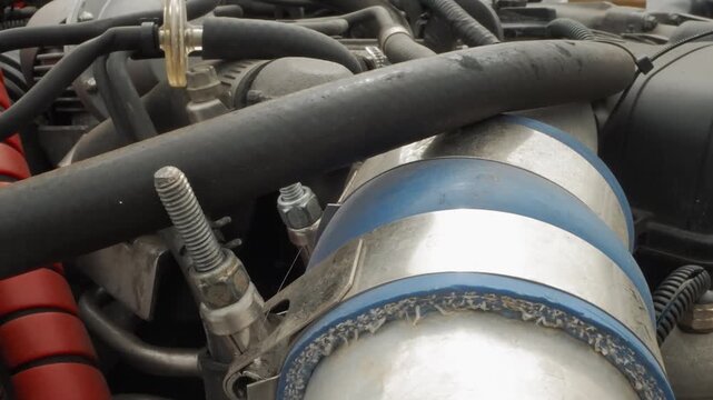 Performance intake pipe closeup showing turbo intercooler coupling, blue silicone sleeve, clamp fastener, red ignition wires, aluminum surface, diagnostic tuning in garage, precision installation
