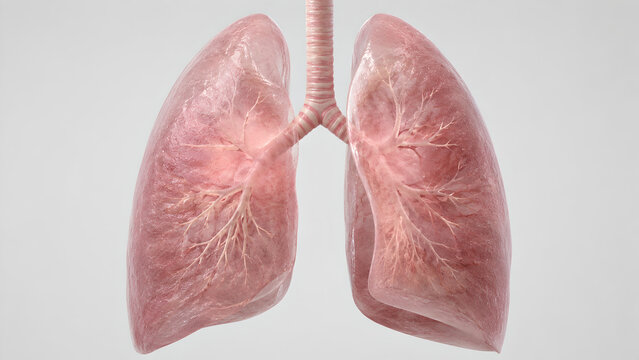 Photorealistic 3D human lungs, subtle perihilar haze, central lung opacity, bronchovascular detail, preserved pleural contours, medical hero render