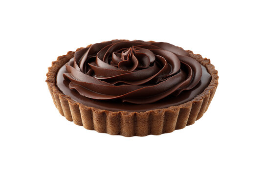 Delicious small chocolate tart with dark creamy ganache filling isolated on transparent background