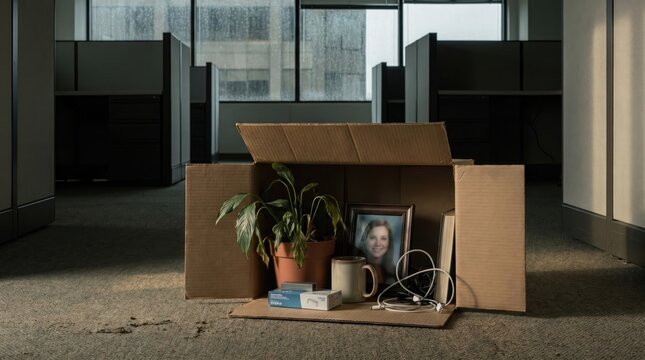 Cardboard box holding personal items from office desk, green plant inside brown container mug, coffee beside picture frame, white charging cables tangled near old book cubicle belongings plastic.