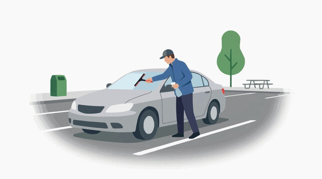 Man cleaning car windshield with squeegee and spray bottle in parking lot vector style