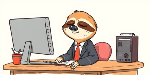 Fototapeta premium Adorable sloth character in crayon drawing style wearing office suit and tie, sitting tired at a desktop computer with an exhausted overworked expression.
