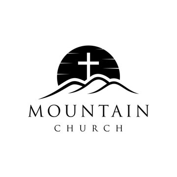 Minimalist mountail hill with croos church and sunny summer logo design