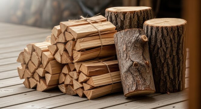 Artfully stacked bundles of softwood kindling and rustic logs ready for a warm fire