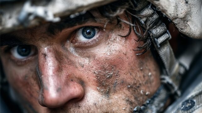 Close up portrait of a war soldier with dirt covered face and piercing blue eyes wearing a helmet
