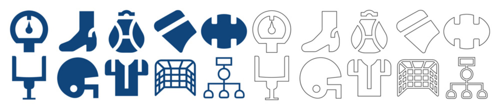 An American football equipment vector icon set featuring flat and outline designs for sports websites and mobile interface applications.