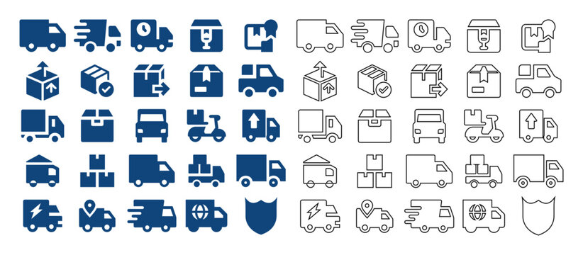 A delivery and logistics vector collection featuring flat and outline icons for shipping, transport, and cargo management web applications.
