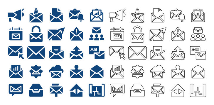 An email and communication vector icon set featuring flat and outline designs for web and interface applications.