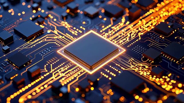Blue circuit board with central glowing chip in close-up detail
