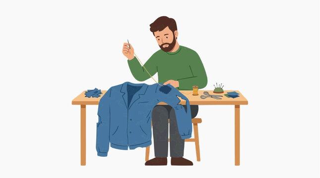 Man sewing patches onto a ripped denim jacket at a wooden table with sewing supplies vector style