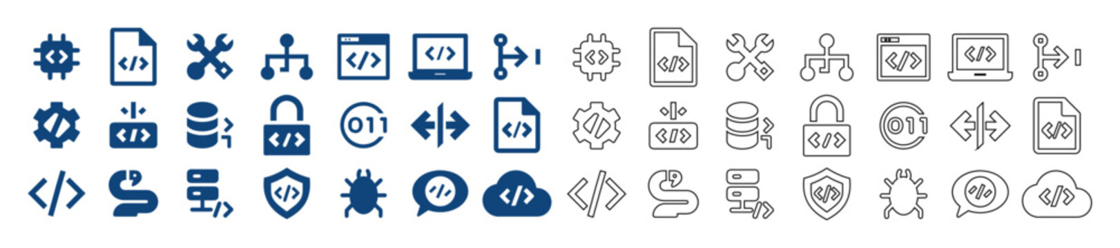 Software development icons set in outline and flat style.