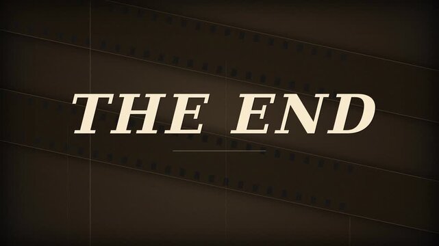 Vintage film end title card with sepia background, diagonal filmstrip texture, and large serif text reading the end, cinematic closing screen.