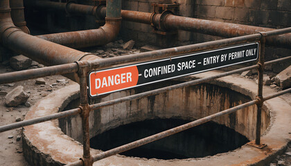Fototapeta premium Searchable Title: Danger Confined Space Entry by Permit Only Industrial Hazard Site
