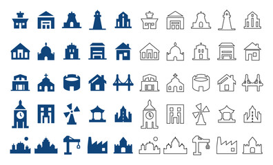Fototapeta premium Building city icons set with architecture and landmark symbols.