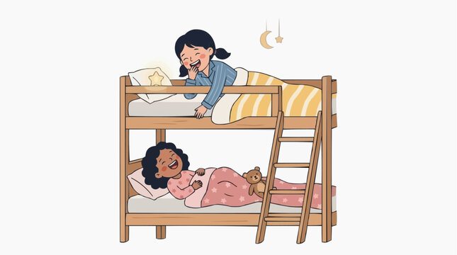 Two happy girls laughing in a bunk bed at night with moon and stars decoration vector style