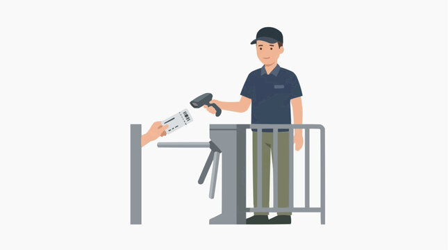 Security guard scanning ticket at turnstile entrance with barcode reader vector style