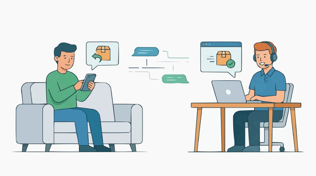 Customer service interaction via phone and computer for package delivery and tracking vector style