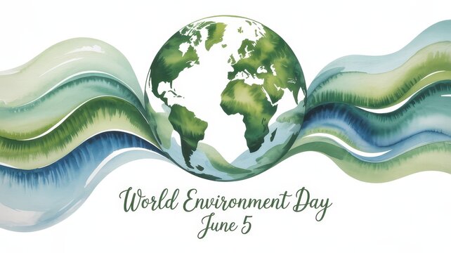 World Environment Day banner with watercolor globe and flowing blue and green waves, isolated on white background