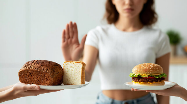 Woman refusing unhealthy food, actively rejecting bread and burger for a healthy diet and lifestyle choice