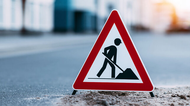 Roadwork warning sign placed on urban street, indicating construction work in progress and safety ahead