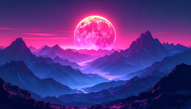 Neon mountains under a vibrant crimson moon