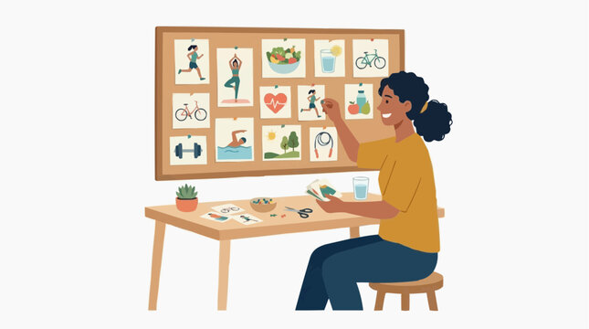 Woman creating a vision board with health and fitness goals on a corkboard vector style