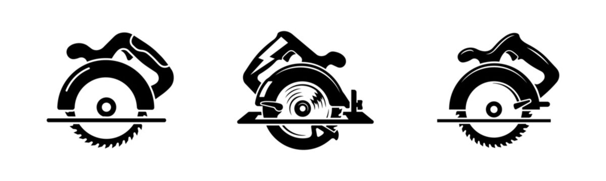 Circular Saw Vector Icon Set, Power Tool Logo Templates for Carpentry and Construction, Professional Hardware Graphics, Solid Black Minimalist Saw Illustrations.