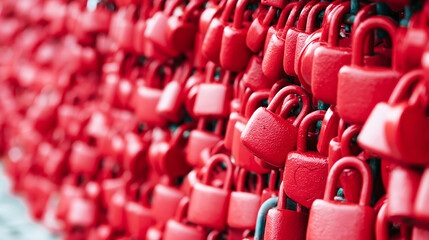 Obraz premium Red love padlocks forming a dense texture on a wall, symbolizing lasting love, romance, and unbreakable commitment