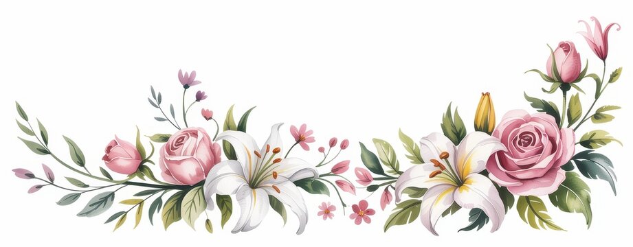 Elegant horizontal flower divider with pink roses and white lilies isolated on white background
