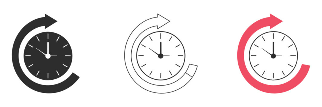 Time forward icons pack for website designs, forward arrow and clock progression symbols, modern navigation elements representing time flow