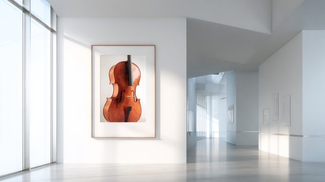 Framed violin artwork hanging on a white wall in a modern interior