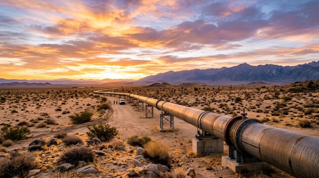 Long Pipeline Stretching Across Mojave Desert at Sunrise