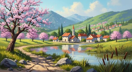 Obraz premium Beautiful spring landscape featuring blooming cherry trees and quaint rural houses.