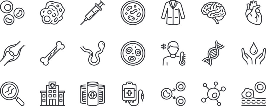 Stem Cell Therapy and Regenerative Medicine Line Icon Set