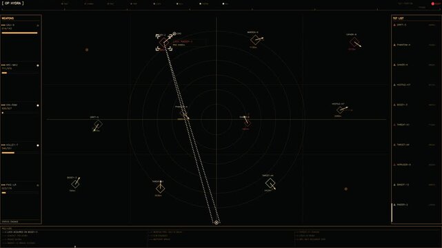Sci-fi cockpit HUD display featuring tactical radar targeting and weapon system telemetry