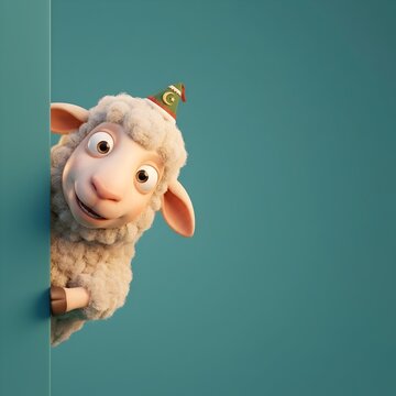 Cute 3D Eid Sheep Peeking Mischievously from the Side, Solid Teal Background