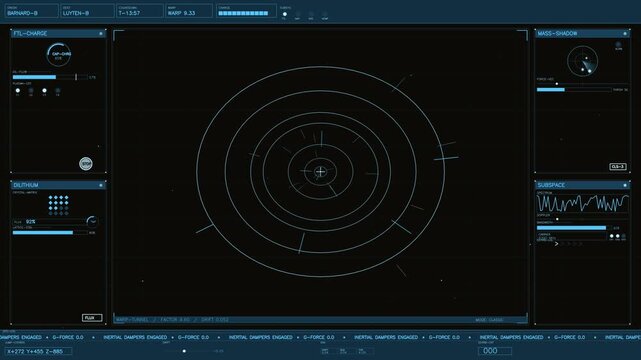 Futuristic Spaceship Cockpit HUD with Navigation Radar and Warp Drive Telemetry Data
