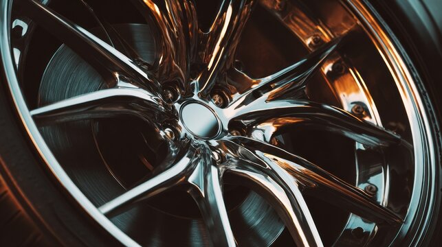 Close up of a shiny alloy wheel automotive component abstract