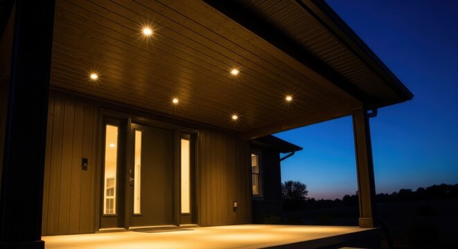 Modern home exterior with bright LED downlights illuminating the entrance and patio during twilight
