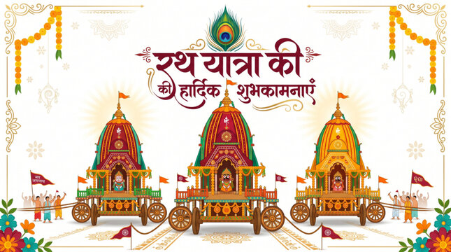 Rath Yatra sacred Hindu chariot procession celebration banner with colorful devotional festival artwork and spiritual culture