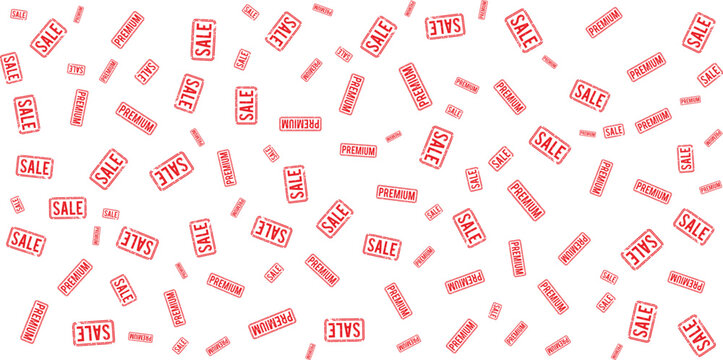 Sale and premium labels pattern scattered red stamps on transparent background