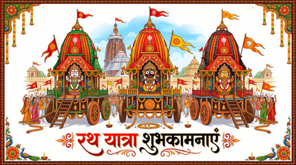 Obraz premium Rath Yatra traditional Hindu chariot procession celebration with Jagannath devotional festival artwork for spiritual banner