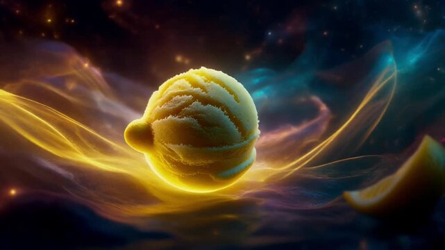 IMAX Macro of Lemon Sorbet Scoop with Glowing Citrus Light Waves 4K