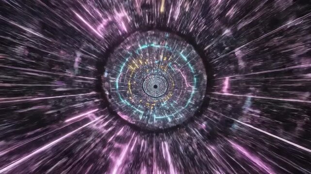 Entering a vibrant, glowing cosmic portal as streaks of luminous purple and gold light converge towards a complex, intricate circular pattern within a deep space vortex, conveying a sense