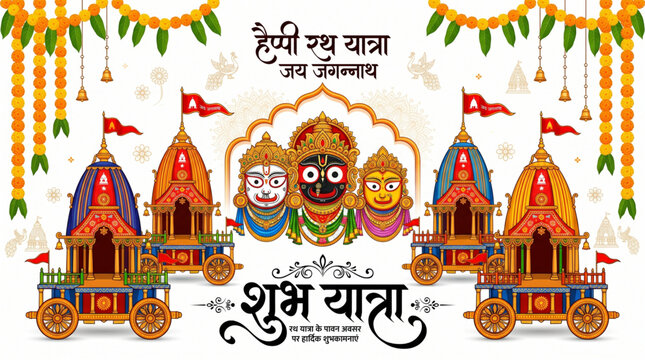 Rath Yatra sacred Jagannath chariot festival celebration artwork with traditional Hindu devotional banner for spiritual greeting