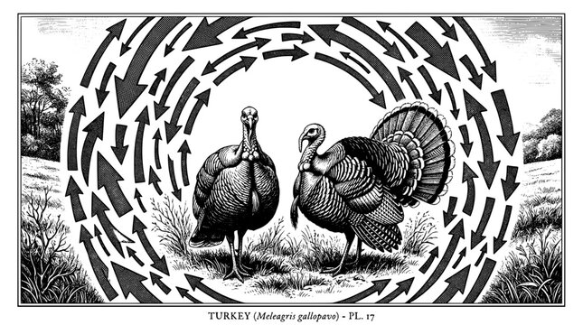 Turkey and turkey arrows symbol with vintage engraving style, wildlife poster design, circular motion ring for farm education