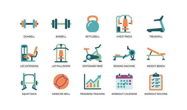 Gym and fitness icons showing equipment and tracking elements