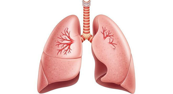 Detailed Medical Illustration of Human Lungs and Respiratory System Anatomy on White Backg