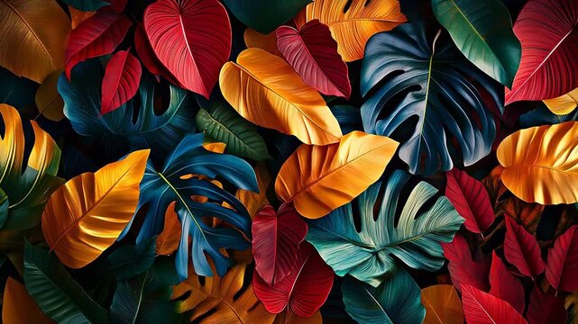Dense arrangement of vibrant tropical plant leaves with rich colors and metallic sheen as background
