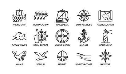 Fototapeta premium Nautical and viking line icons arranged on white background